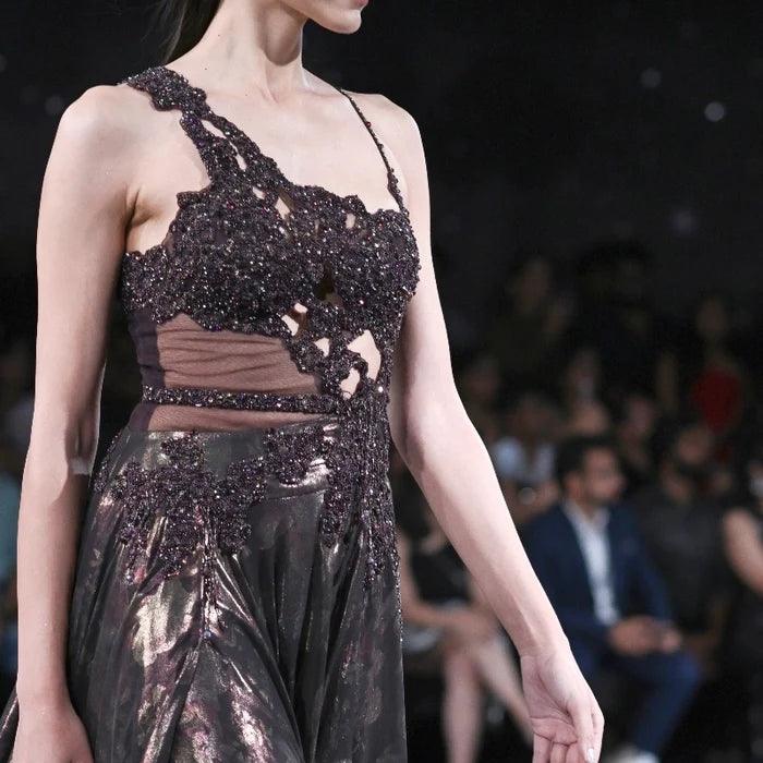 "Medea" Burnt Brown Lurex Flared Gown - The Couture by KJH