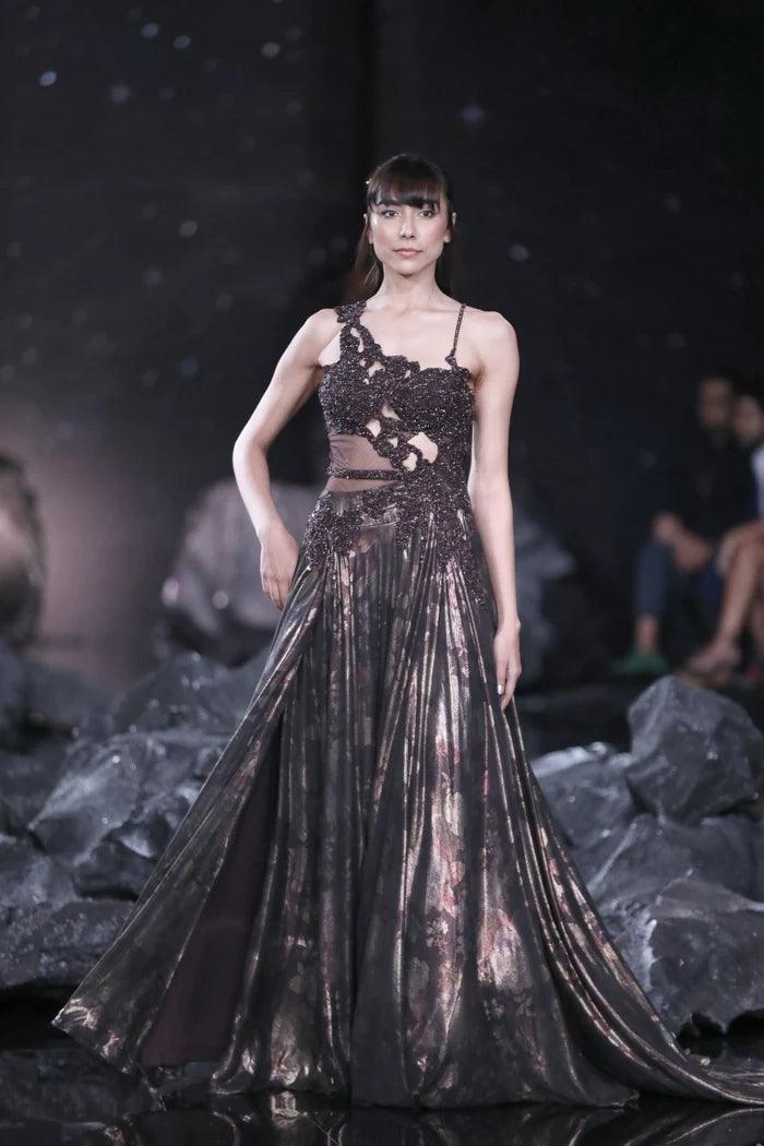 "Medea" Burnt Brown Lurex Flared Gown - The Couture by KJH