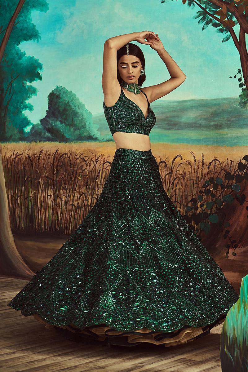 Tonal Emerald Green Lehenga Set - The Couture by KJH