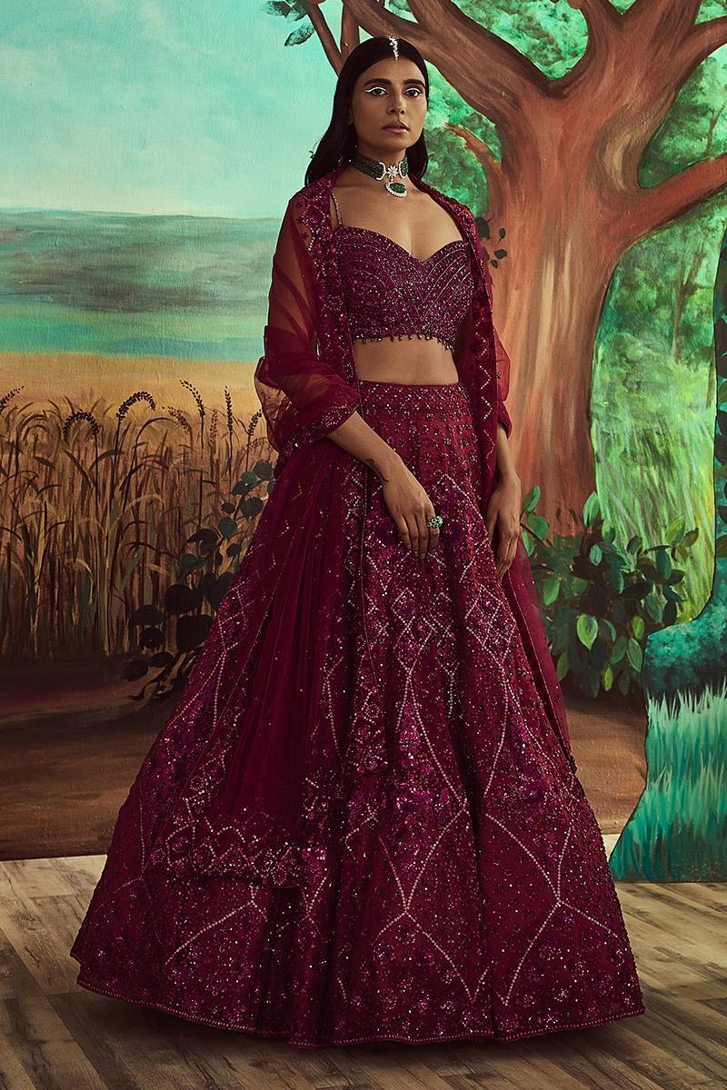 Tonal Wine Lehenga Set - The Couture by KJH