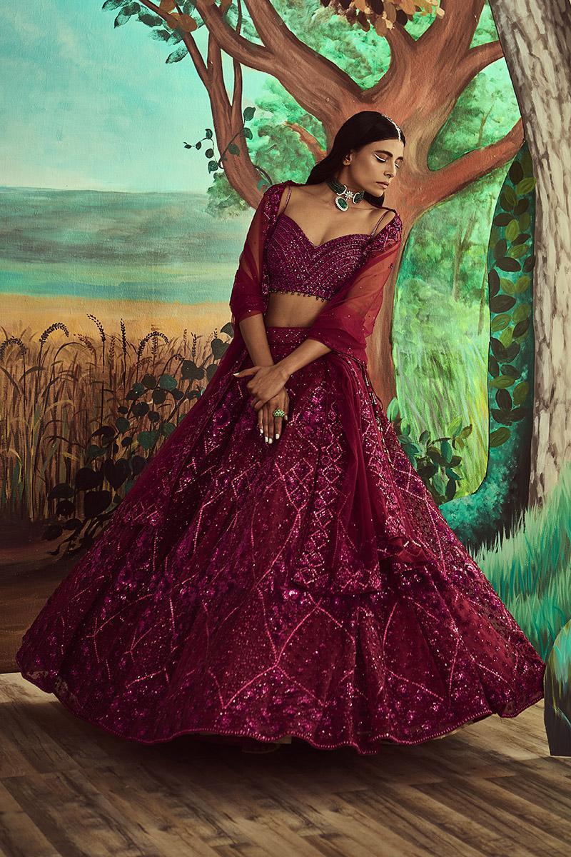 Tonal Wine Lehenga Set - The Couture by KJH