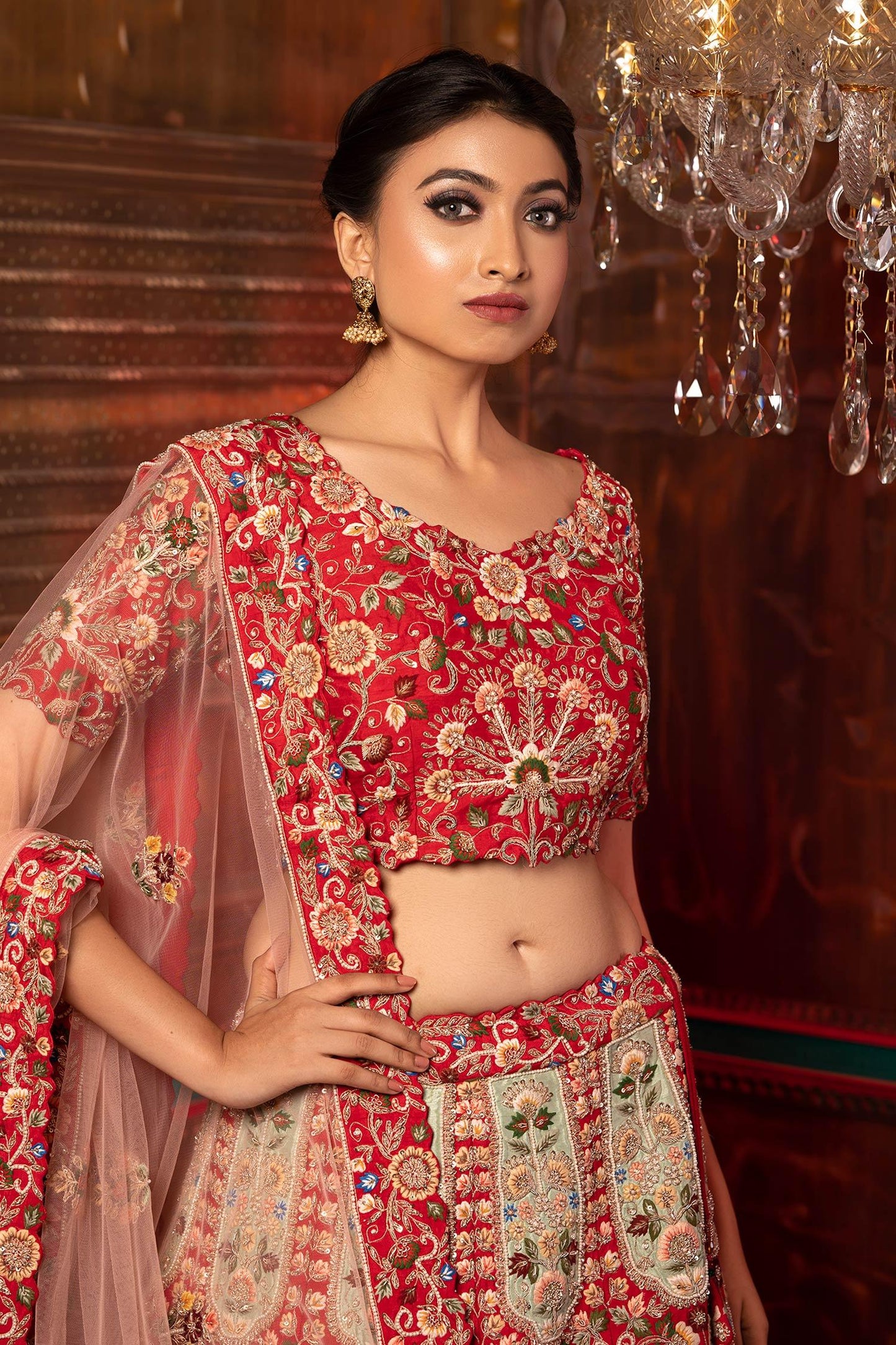 Red Dupion Silk Hand Embroidered Floral Applique Bridal Lehenga Set - The Couture by KJH