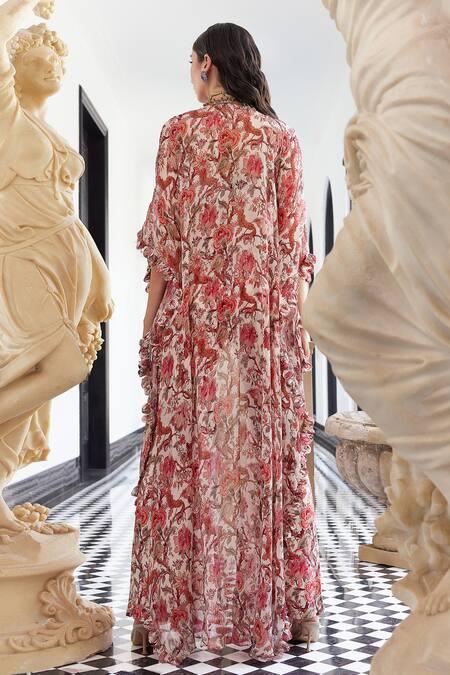 Ivory Chiffon Printed And Embroidered Liberty Floral Amara Pant Set - The Couture by KJH