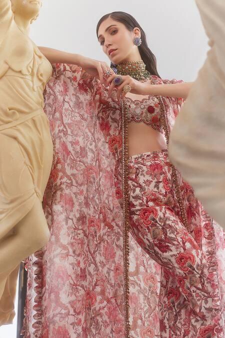 Ivory Chiffon Printed And Embroidered Liberty Floral Amara Pant Set - The Couture by KJH