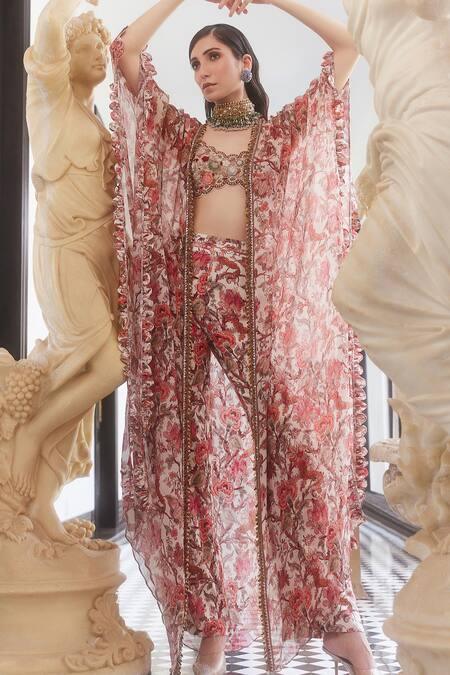 Ivory Chiffon Printed And Embroidered Liberty Floral Amara Pant Set - The Couture by KJH