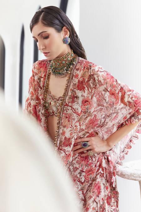 Ivory Chiffon Printed And Embroidered Liberty Floral Amara Pant Set - The Couture by KJH