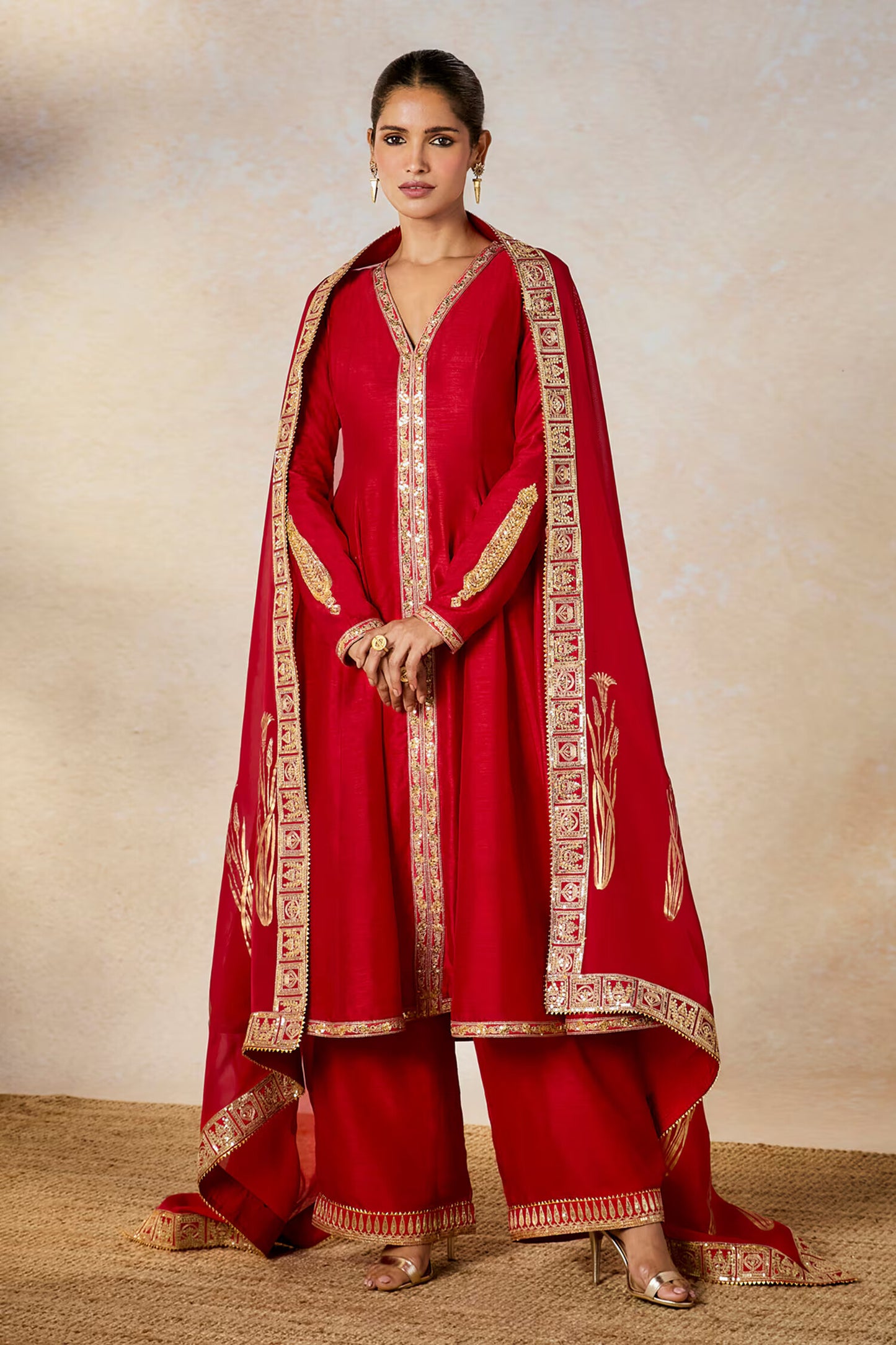 Red Silk, Organza Embroidery V-neck Whispering Lily Anarkali Pant Set