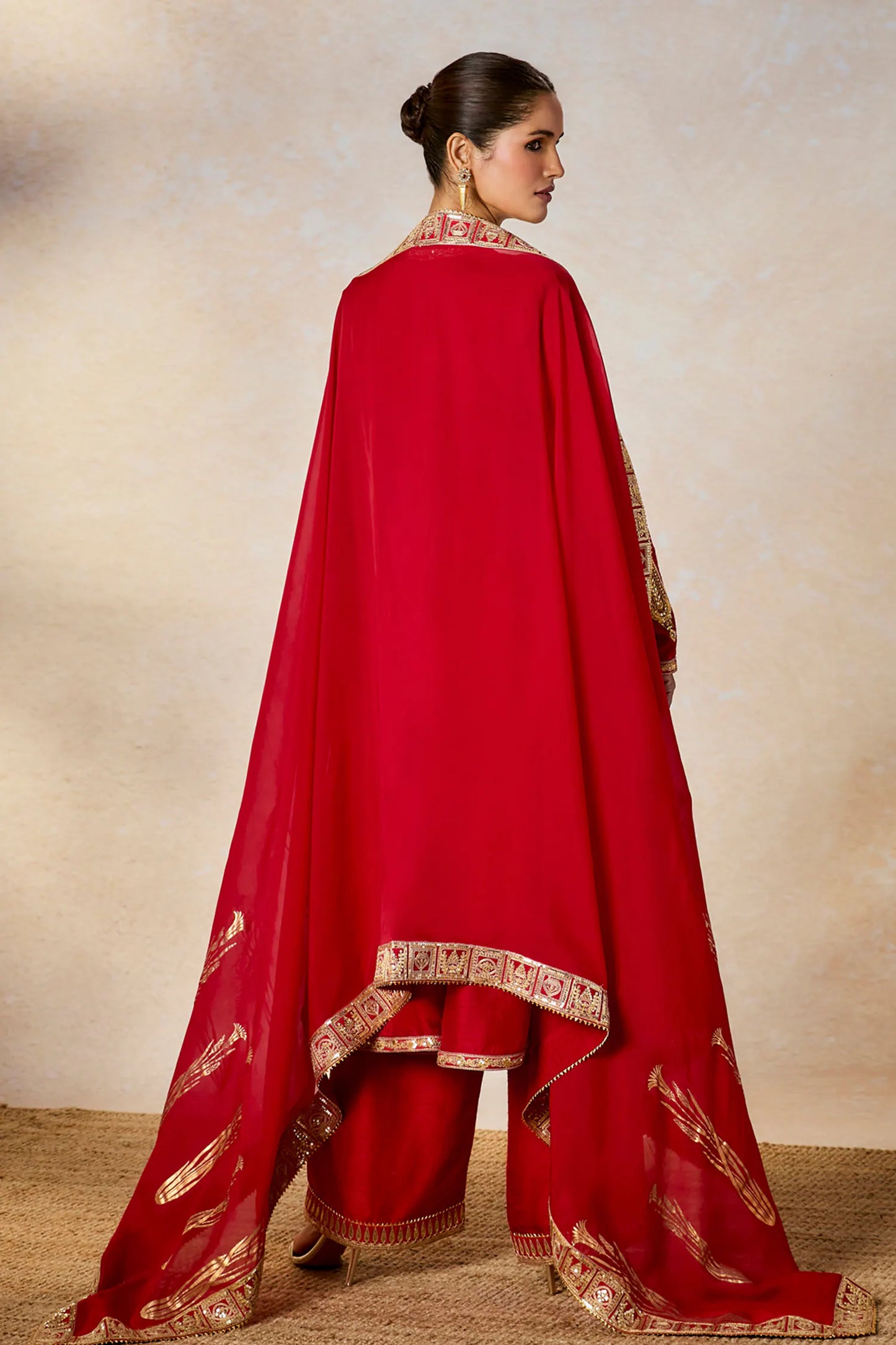 Red Silk, Organza Embroidery V-neck Whispering Lily Anarkali Pant Set