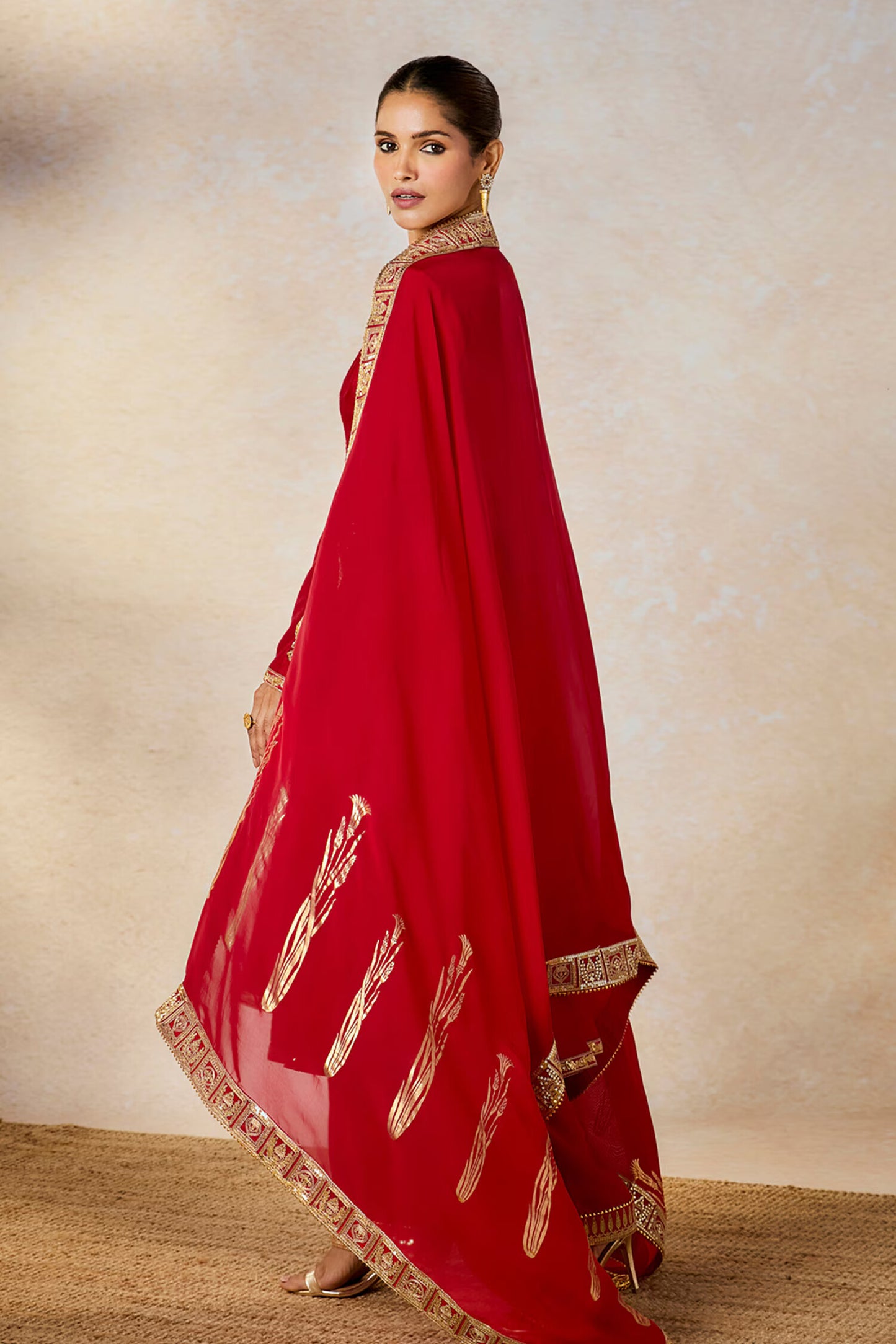 Red Silk, Organza Embroidery V-neck Whispering Lily Anarkali Pant Set