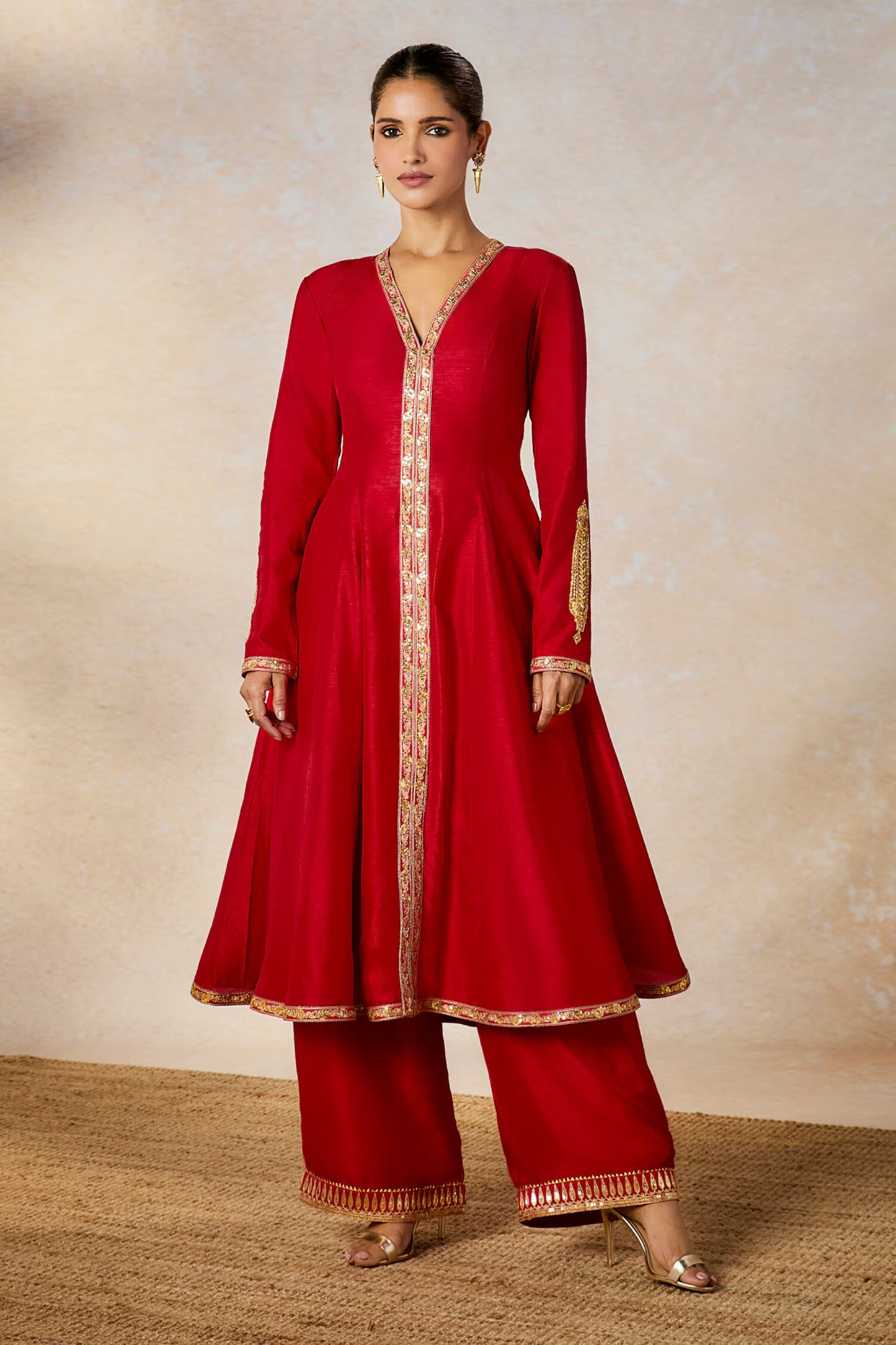 Red Silk, Organza Embroidery V-neck Whispering Lily Anarkali Pant Set