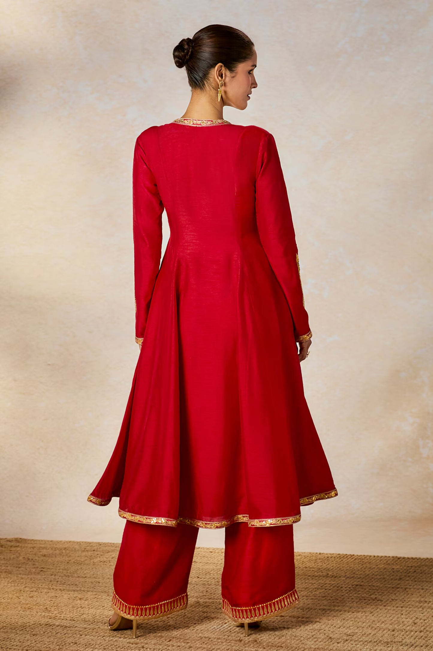 Red Silk, Organza Embroidery V-neck Whispering Lily Anarkali Pant Set