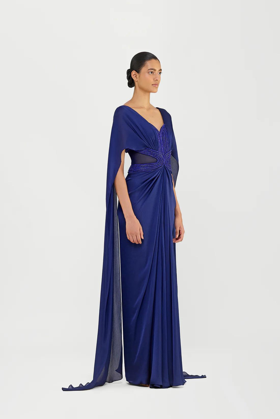 CRYSTALVEIN CHIFFON DRAPED GOWN WITH WINGS - The Couture by KJH