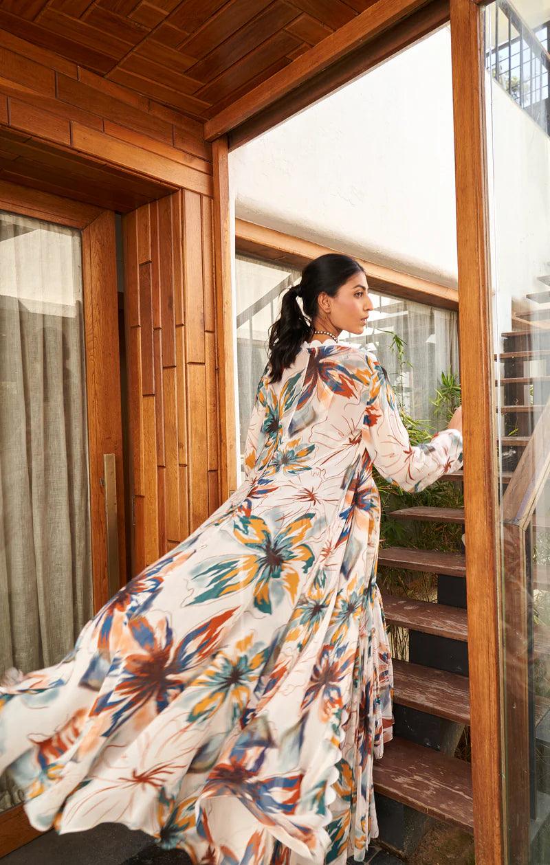 Summer Flower Ivory Sharara Set With Overlay - The Couture by KJH