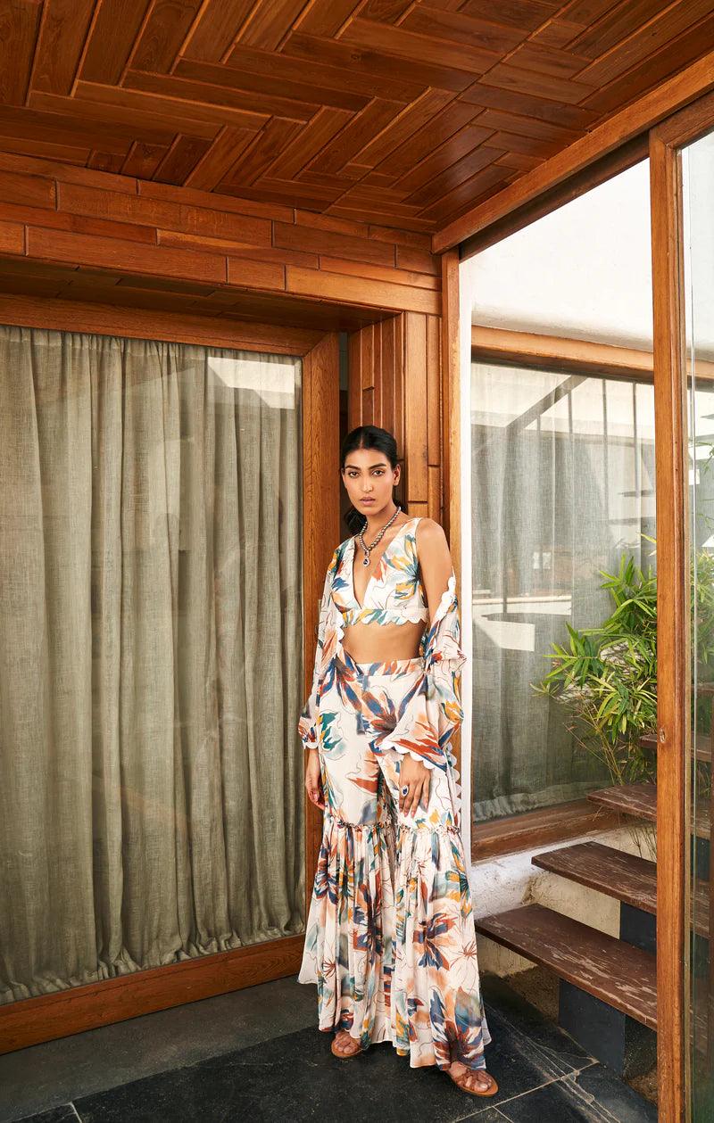 Summer Flower Ivory Sharara Set With Overlay - The Couture by KJH