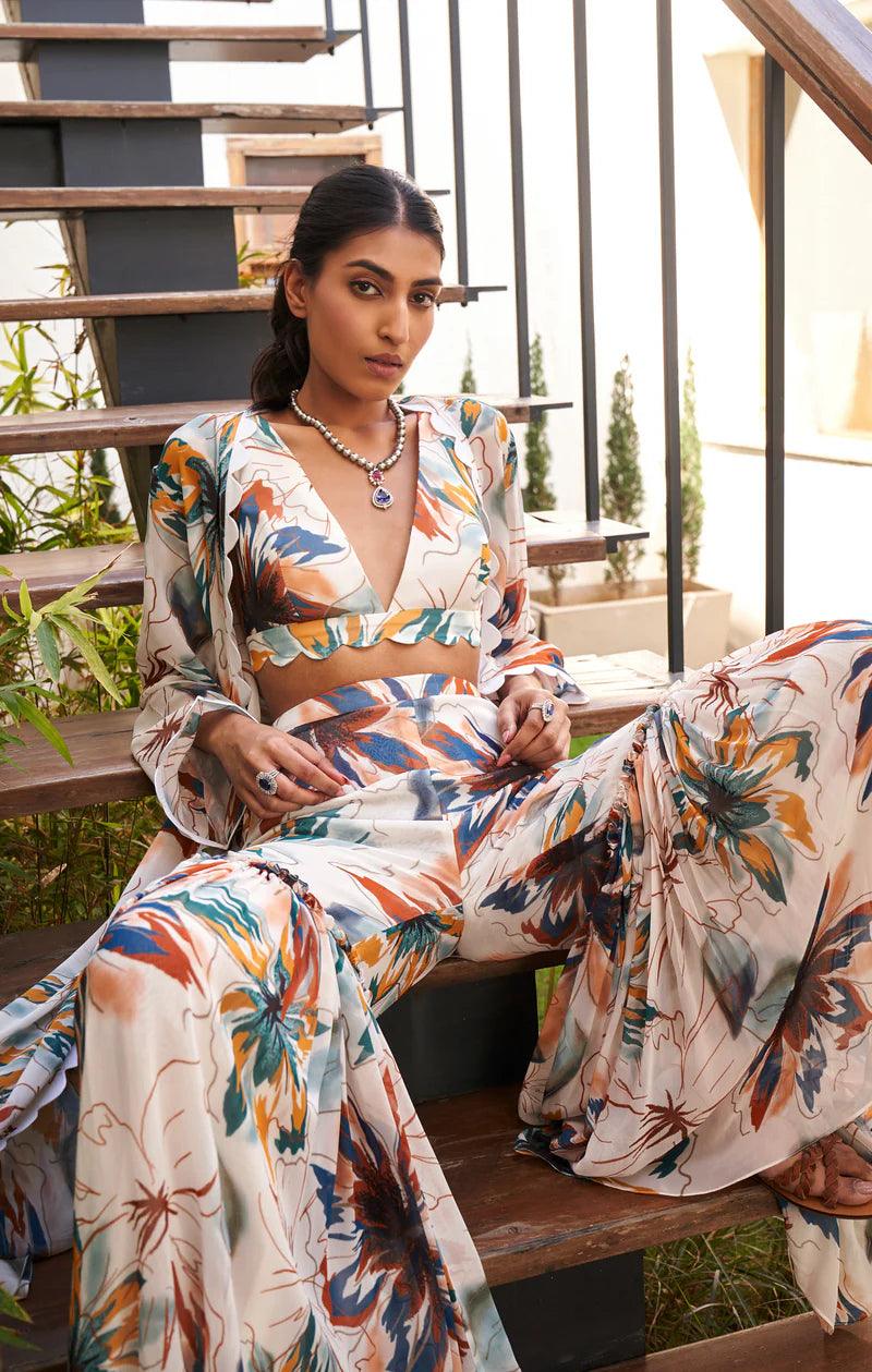 Summer Flower Ivory Sharara Set With Overlay - The Couture by KJH