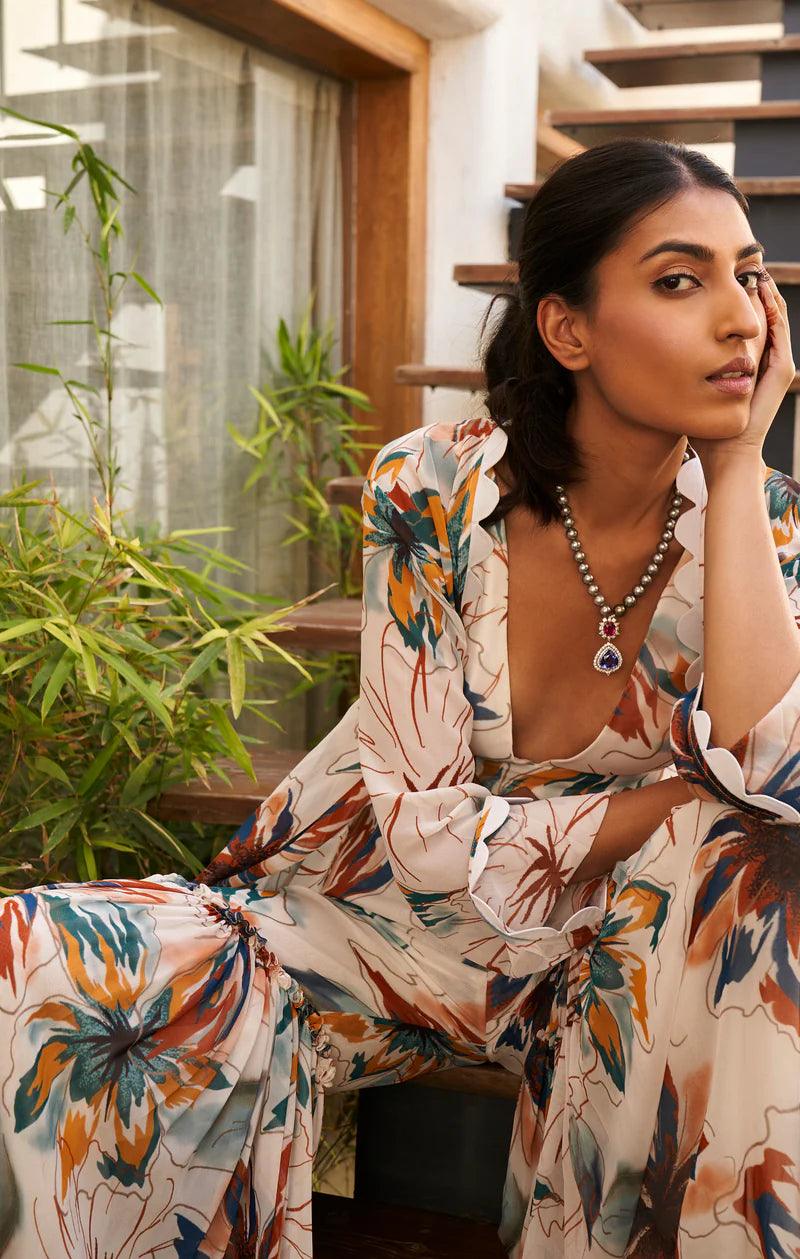 Summer Flower Ivory Sharara Set With Overlay - The Couture by KJH