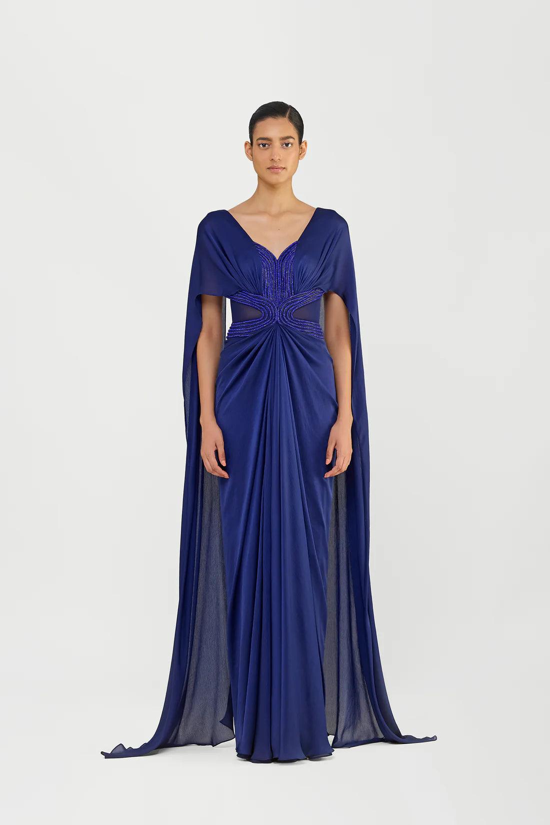 CRYSTALVEIN CHIFFON DRAPED GOWN WITH WINGS - The Couture by KJH