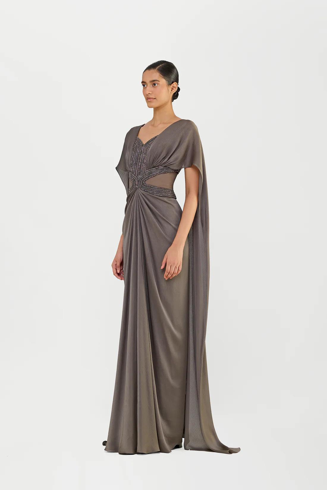 CRYSTALVEIN CHIFFON DRAPED GOWN WITH WINGS - The Couture by KJH