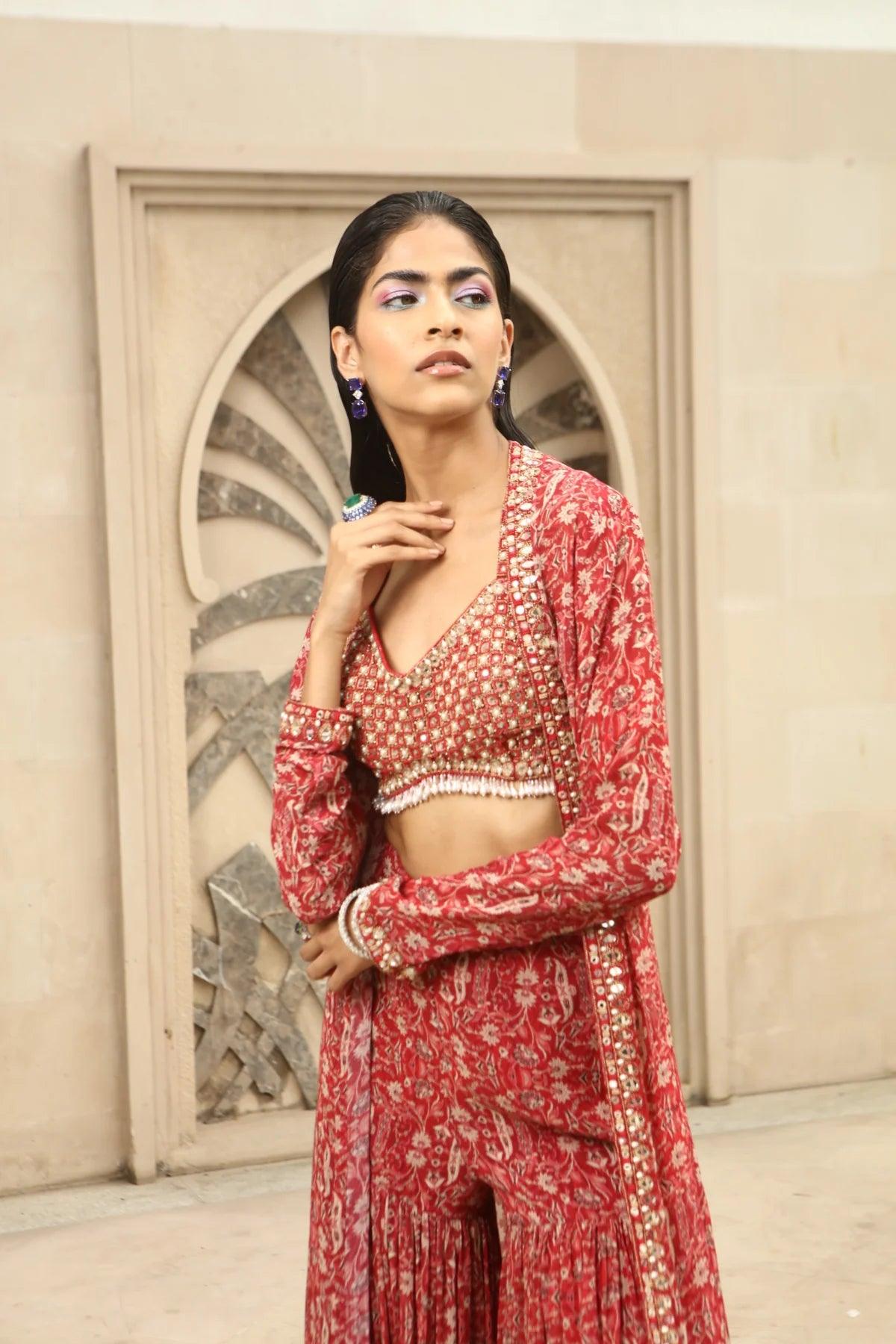 Red Printed Classic Jacket Set - The Couture by KJH
