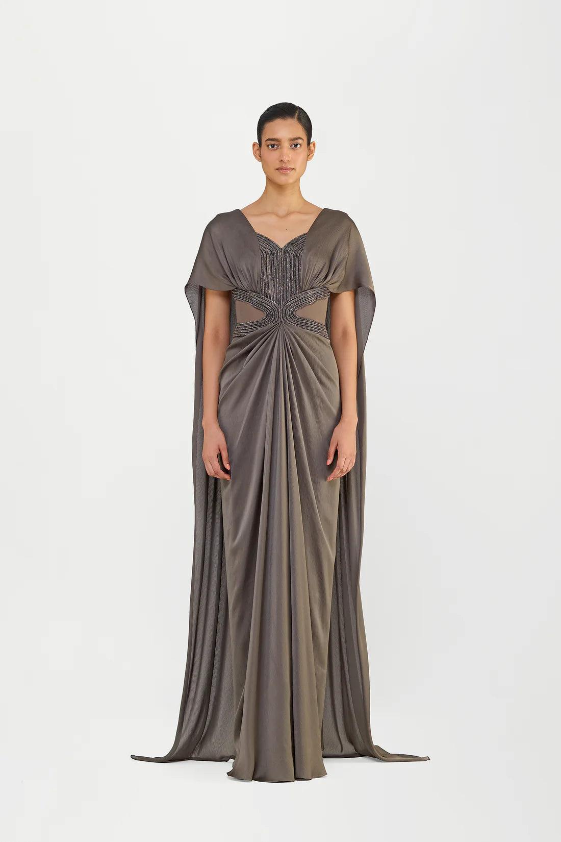 CRYSTALVEIN CHIFFON DRAPED GOWN WITH WINGS - The Couture by KJH