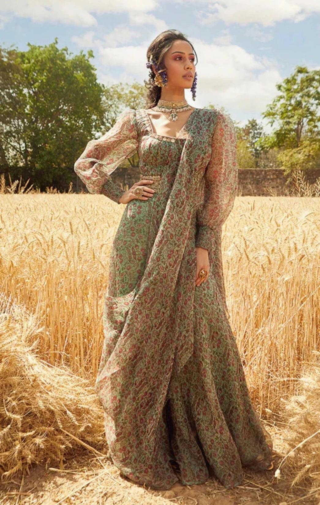 Green Printed Sharara Saree - The Couture by KJH