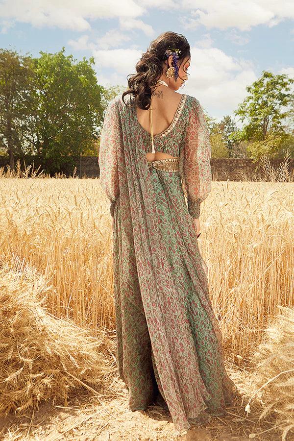 Green Printed Sharara Saree - The Couture by KJH