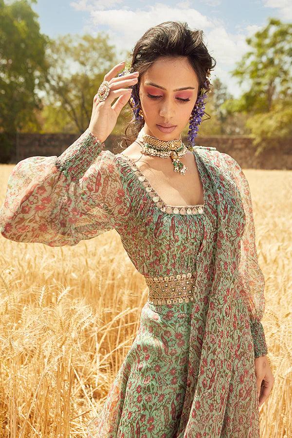 Green Printed Sharara Saree - The Couture by KJH