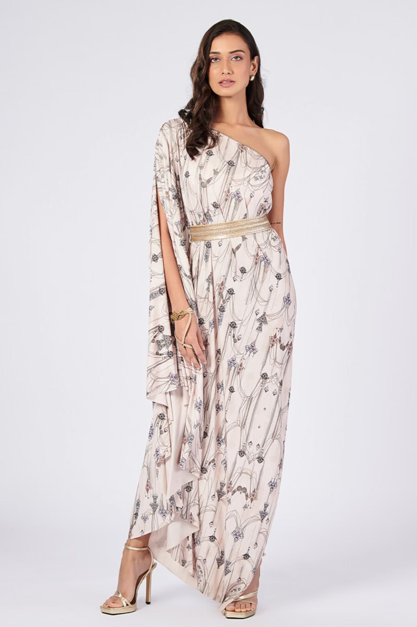 Asymmetric Off-Shoulder Kurta with Gold Details