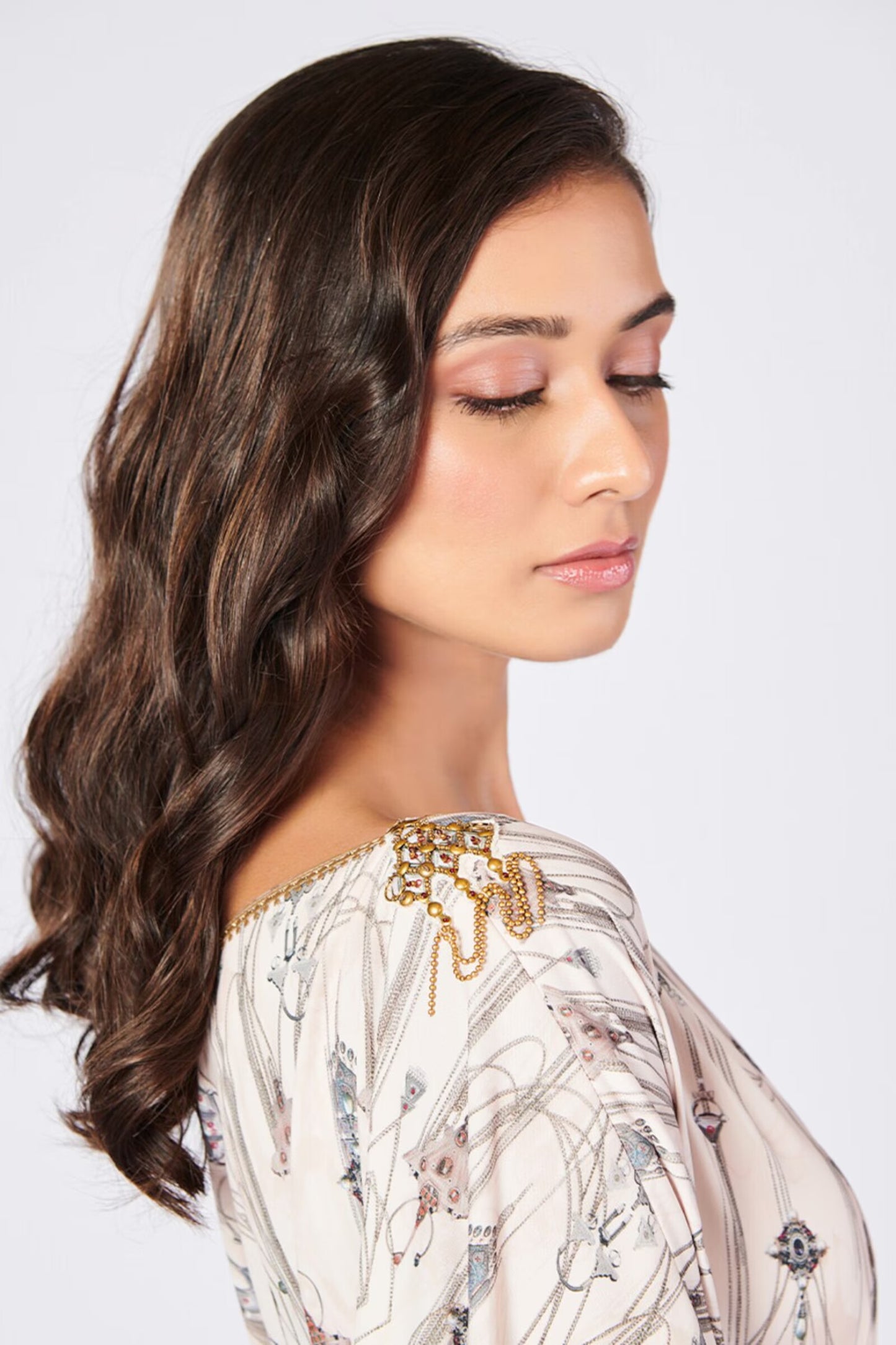 Asymmetric Off-Shoulder Kurta with Gold Details