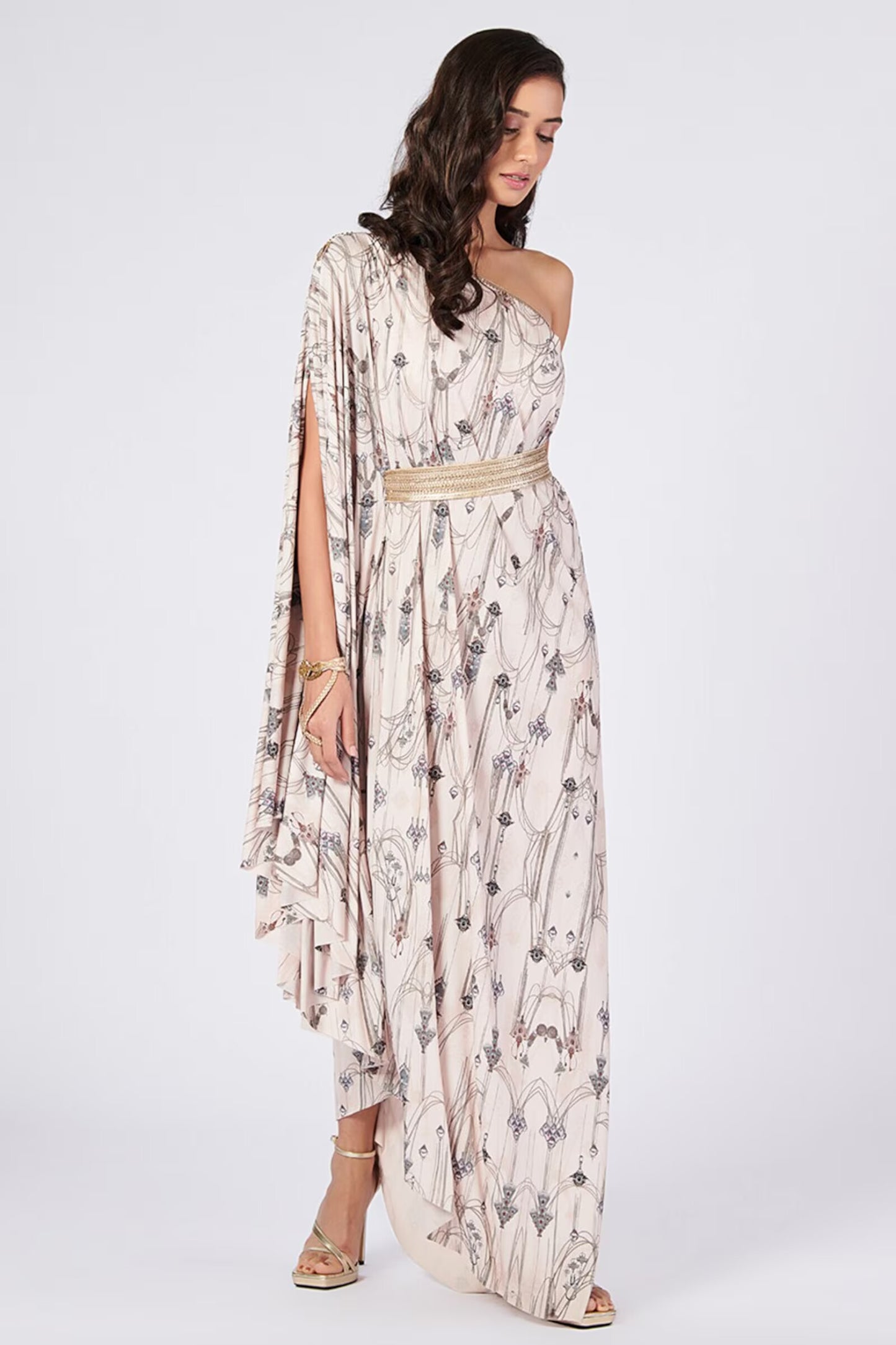 Asymmetric Off-Shoulder Kurta with Gold Details