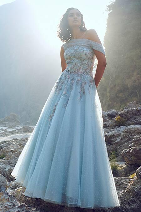 Blue Dobby Organza Embroidery One Shoulder Grace Gown - The Couture by KJH