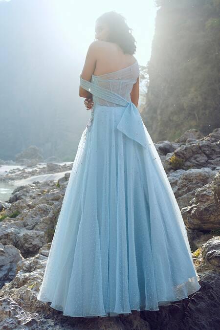 Blue Dobby Organza Embroidery One Shoulder Grace Gown - The Couture by KJH