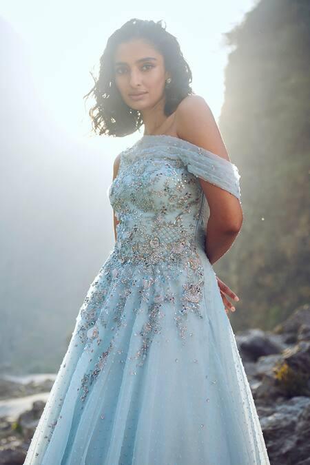 Blue Dobby Organza Embroidery One Shoulder Grace Gown - The Couture by KJH