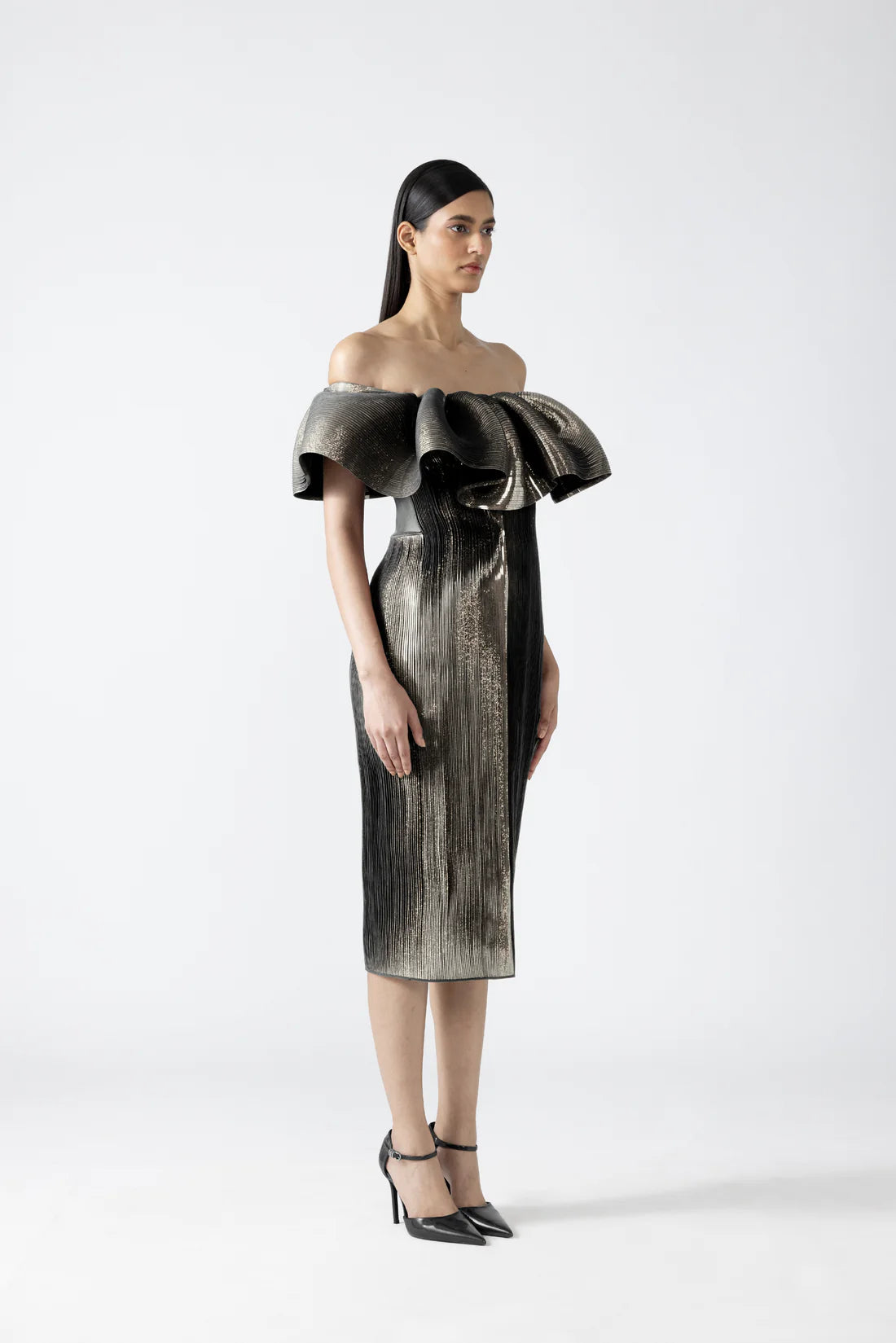 Moulded Metallic Ruffled Dress