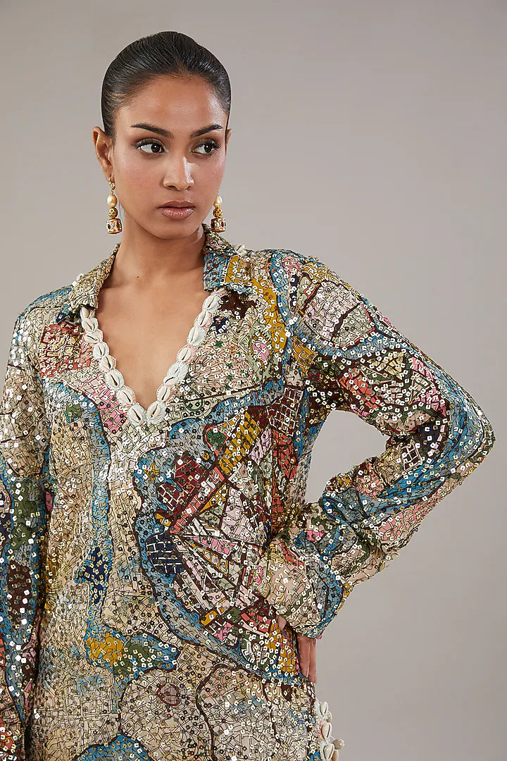 Beige Georgette Sequins Embroidered Tunic Set