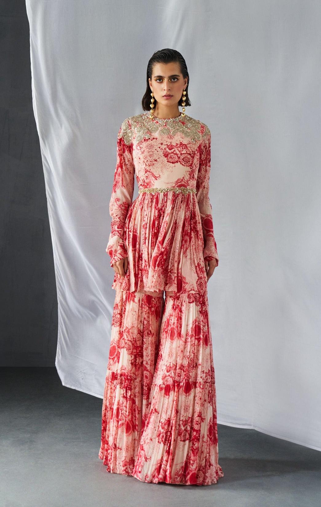 Champagne Red Blossom Print Peplum & Sharara Set - The Couture by KJH