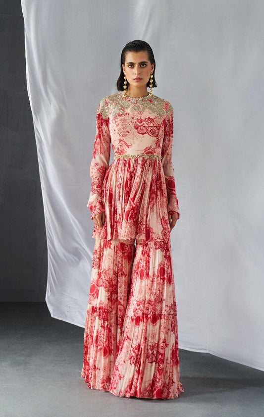 Champagne Red Blossom Print Peplum & Sharara Set - The Couture by KJH