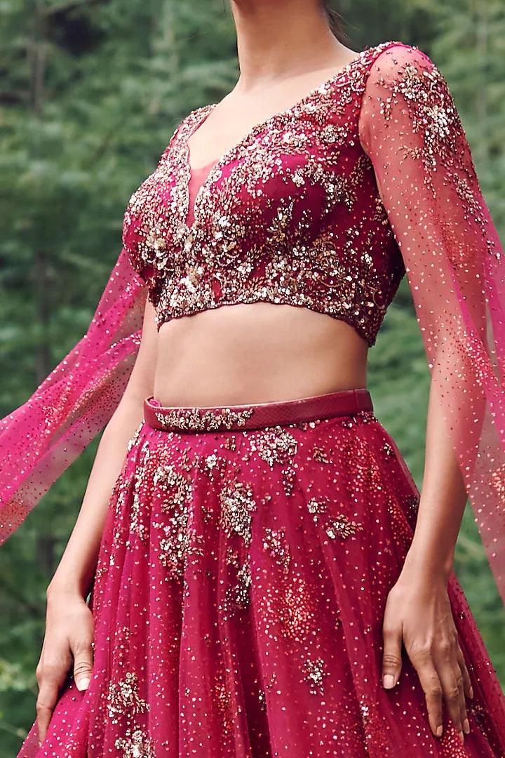 Cranberry Red Shimmer Tulle Lehenga Set - The Couture by KJH