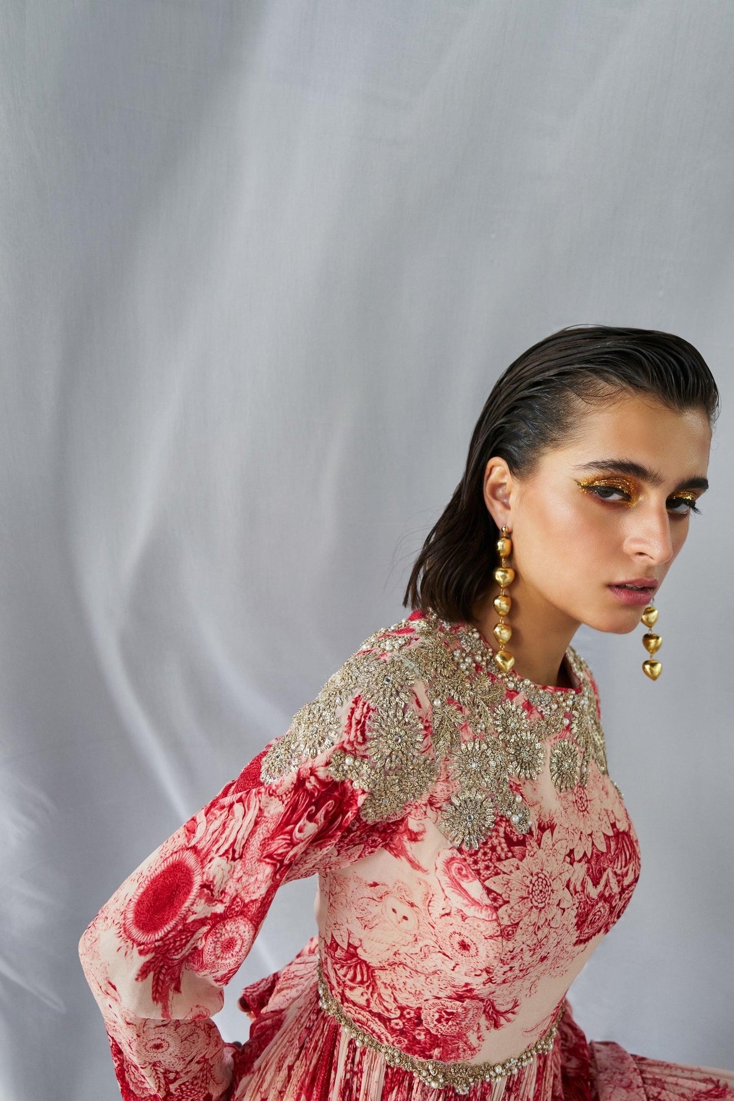Champagne Red Blossom Print Peplum & Sharara Set - The Couture by KJH