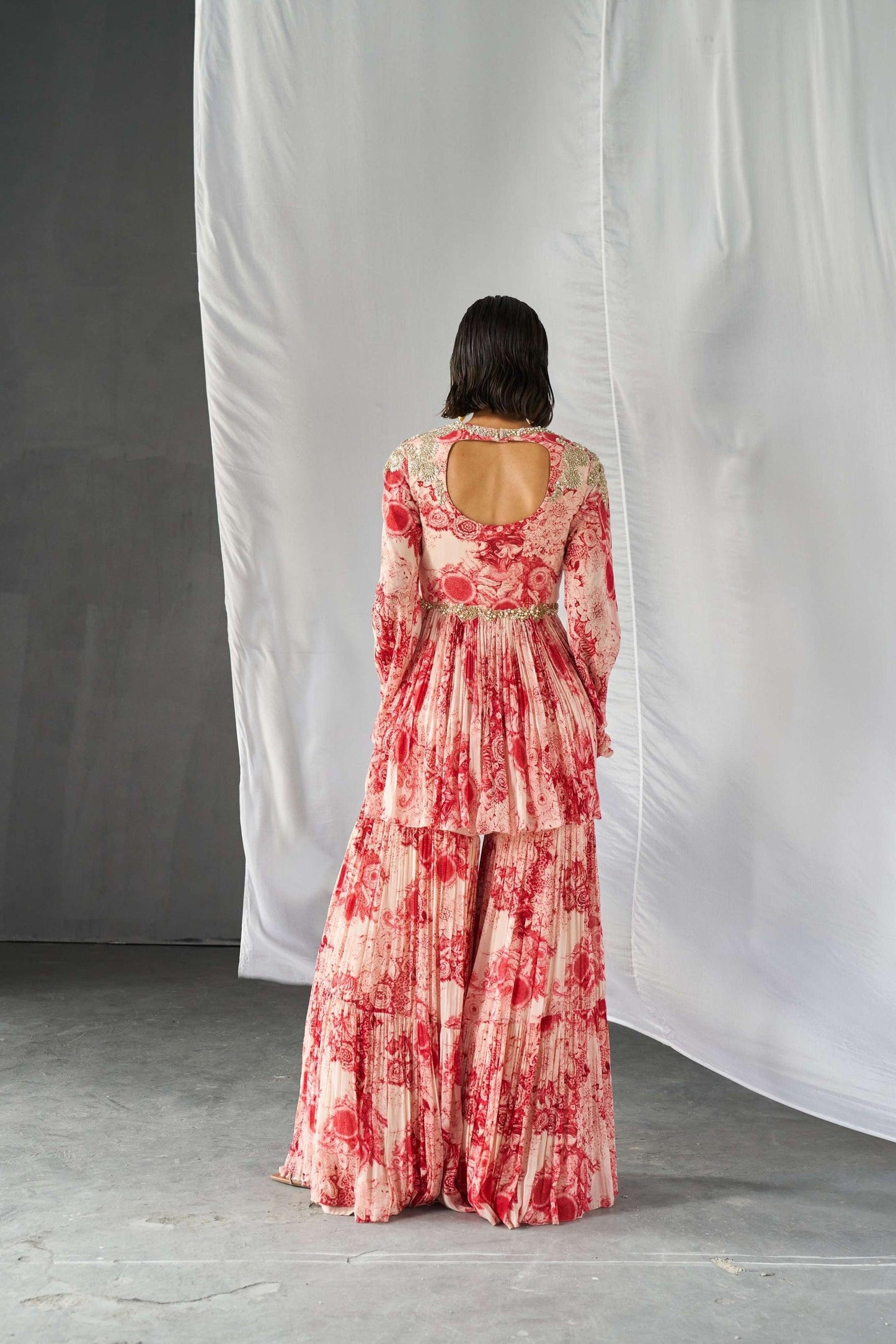 Champagne Red Blossom Print Peplum & Sharara Set - The Couture by KJH
