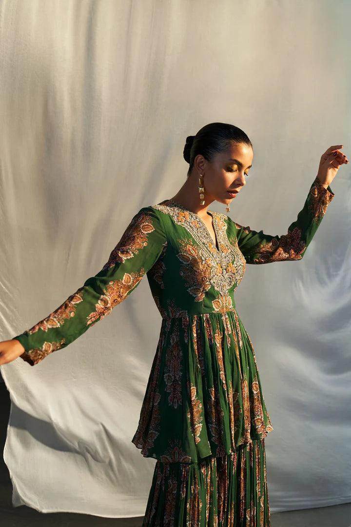 GREEN PRINTED PEPLUM SHARARA SET - The Couture by KJH