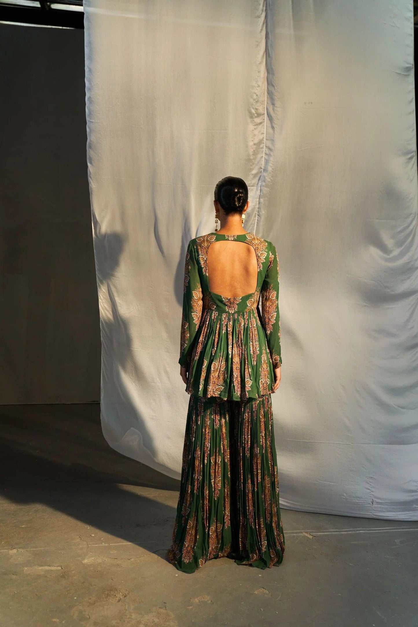 GREEN PRINTED PEPLUM SHARARA SET - The Couture by KJH