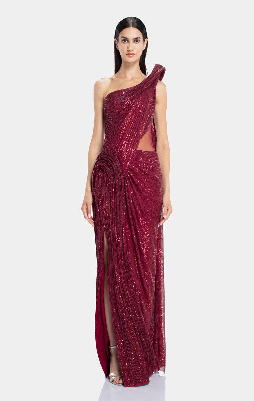 Berry One Shoulder Sequin Sculpted Saree Gown - The Couture by KJH