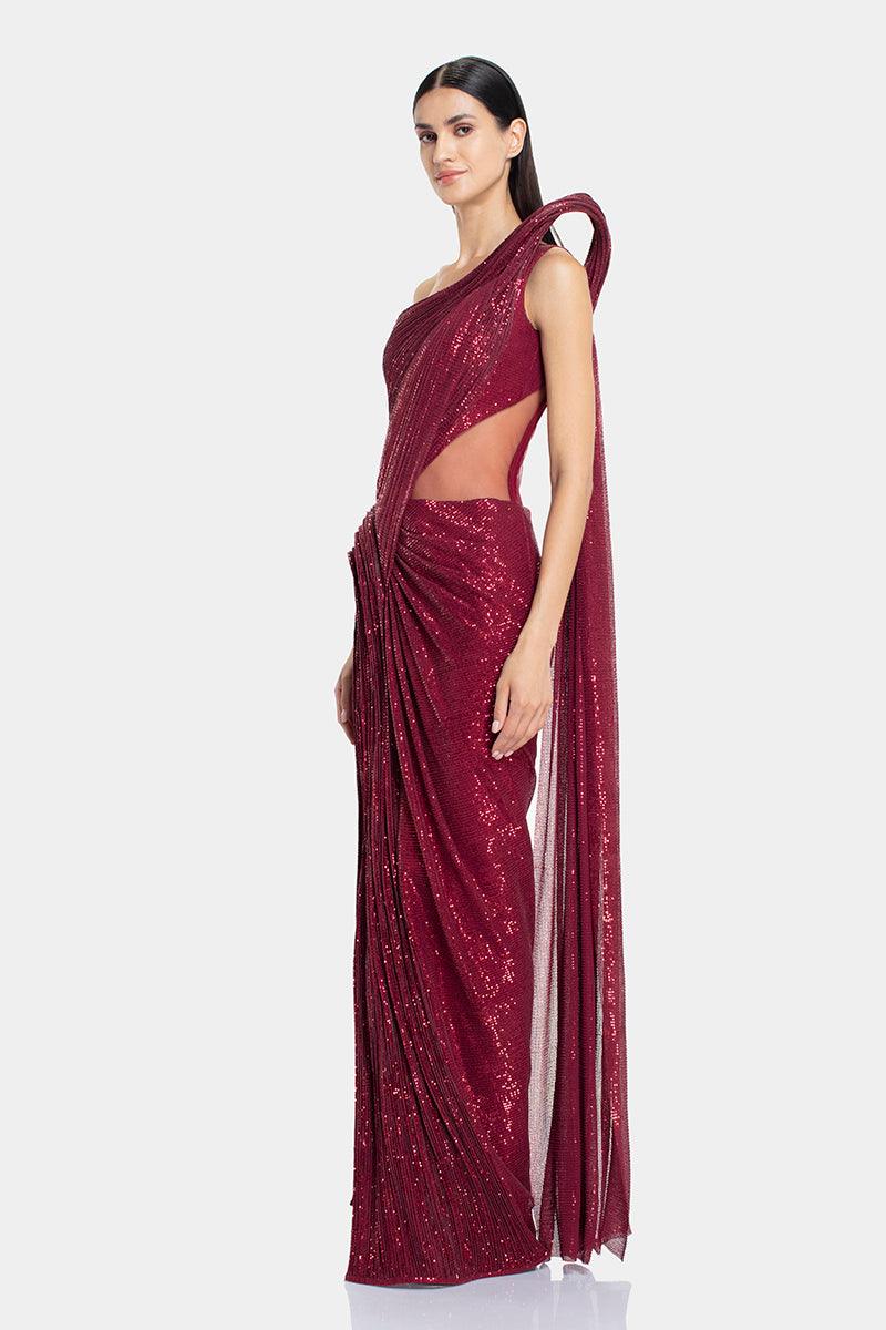 Berry One Shoulder Sequin Sculpted Saree Gown - The Couture by KJH