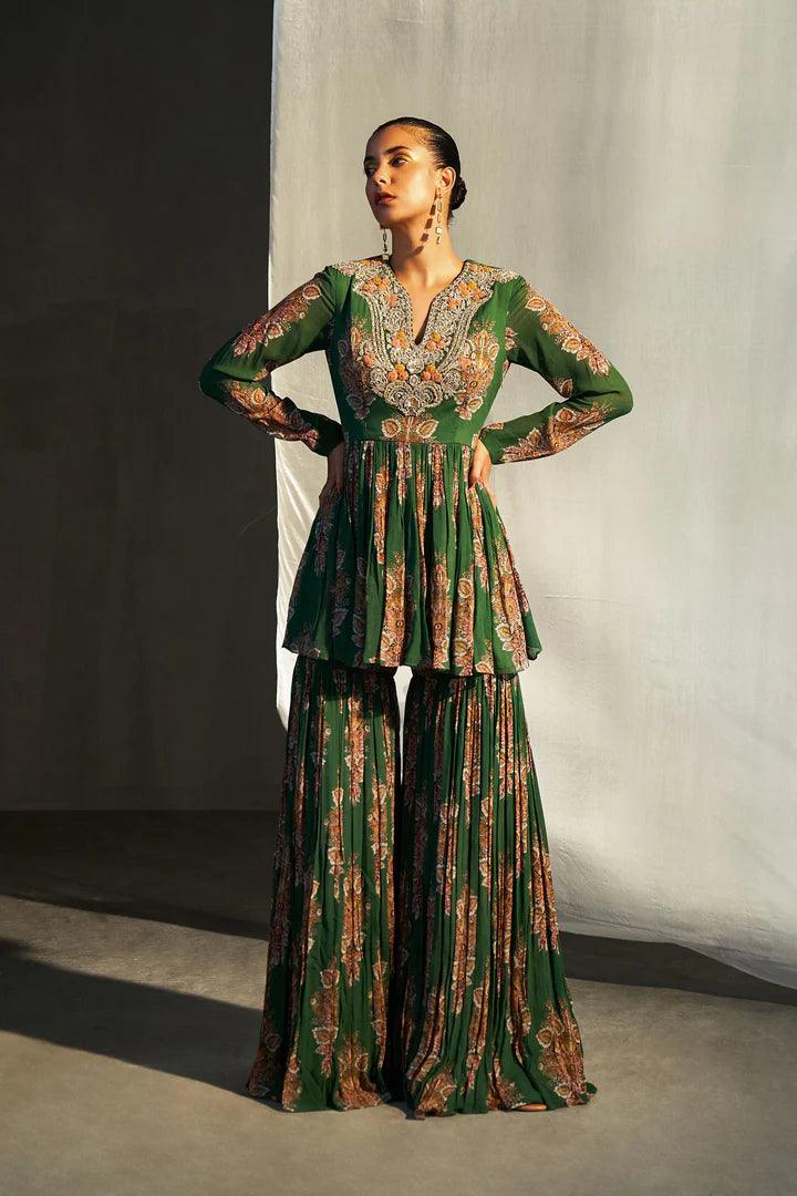 GREEN PRINTED PEPLUM SHARARA SET - The Couture by KJH