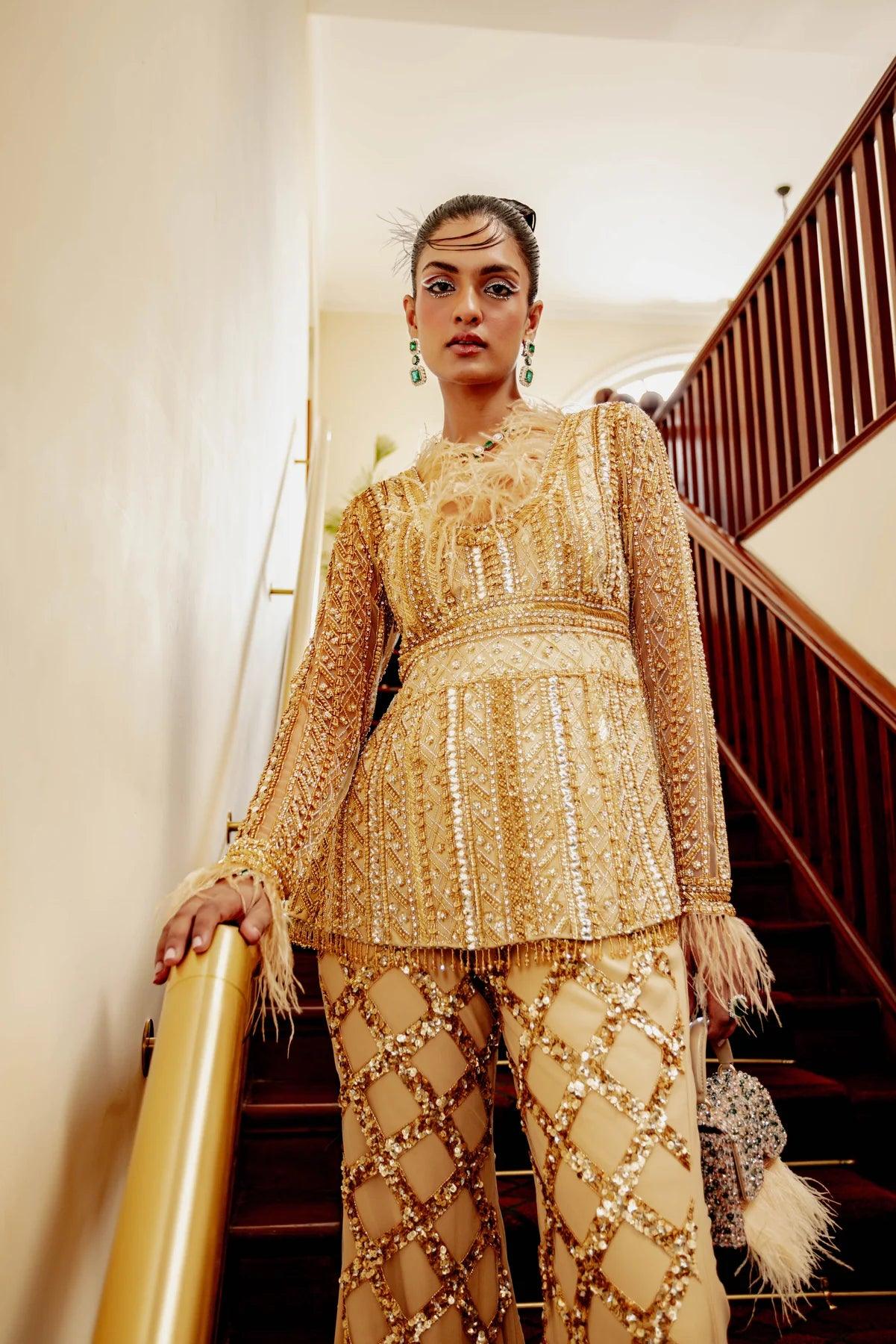 Charlotte Venetion gold embroidered peplum top & flared embroidered pants - The Couture by KJH