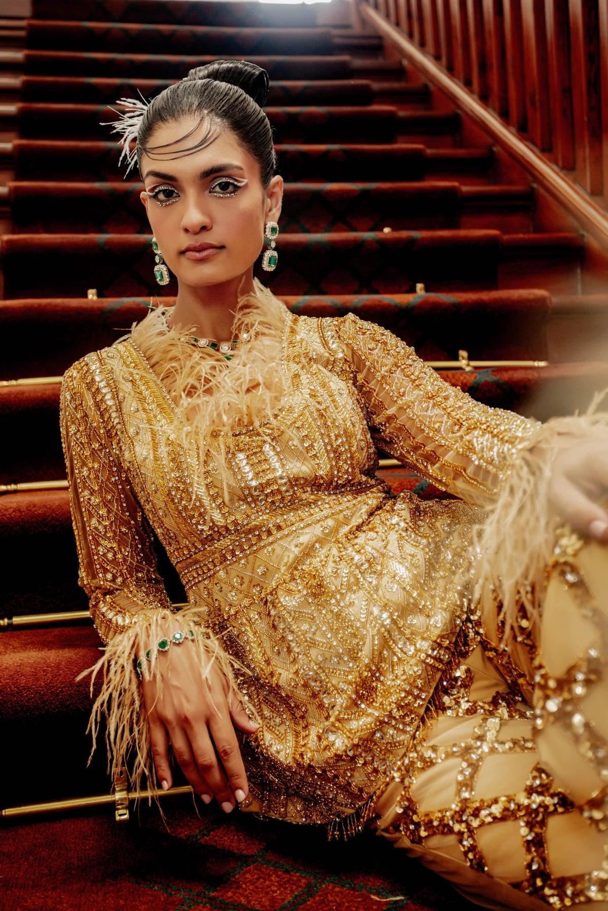 Charlotte Venetion gold embroidered peplum top & flared embroidered pants - The Couture by KJH