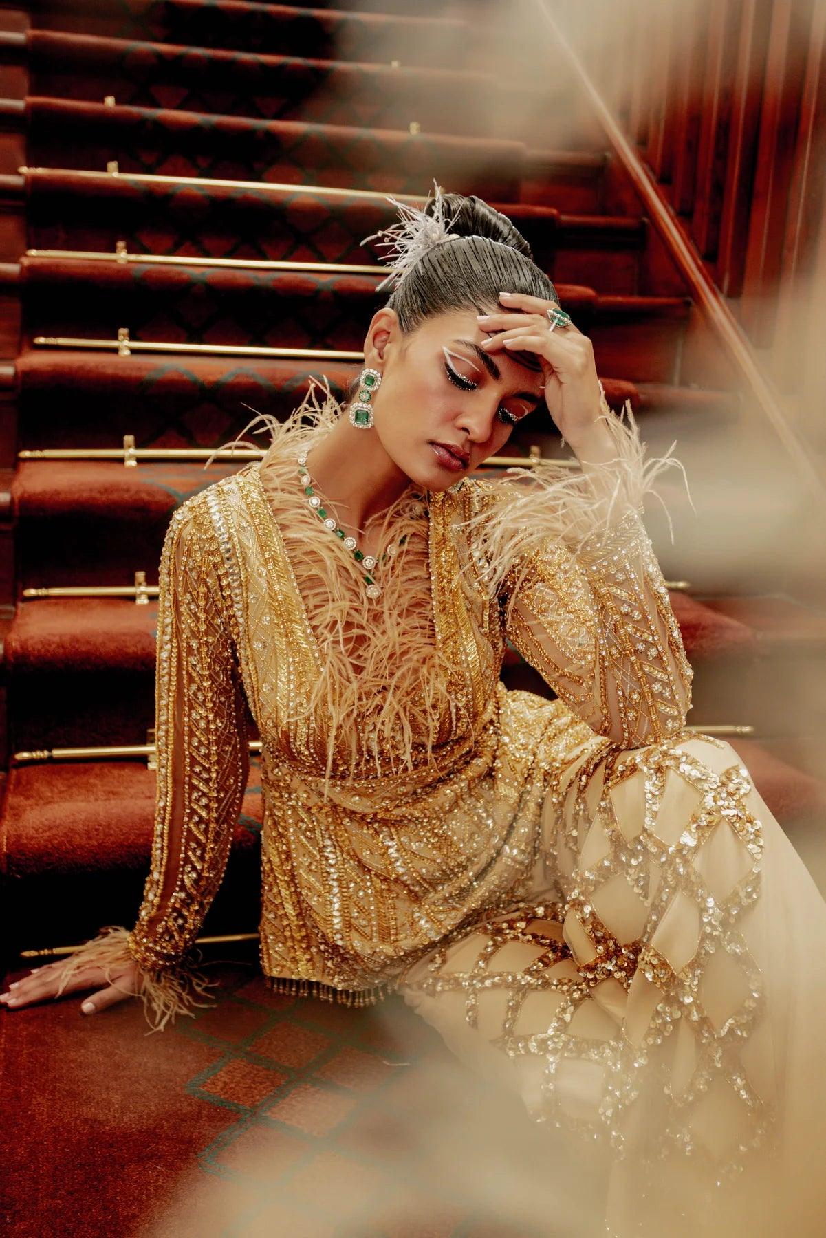 Charlotte Venetion gold embroidered peplum top & flared embroidered pants - The Couture by KJH