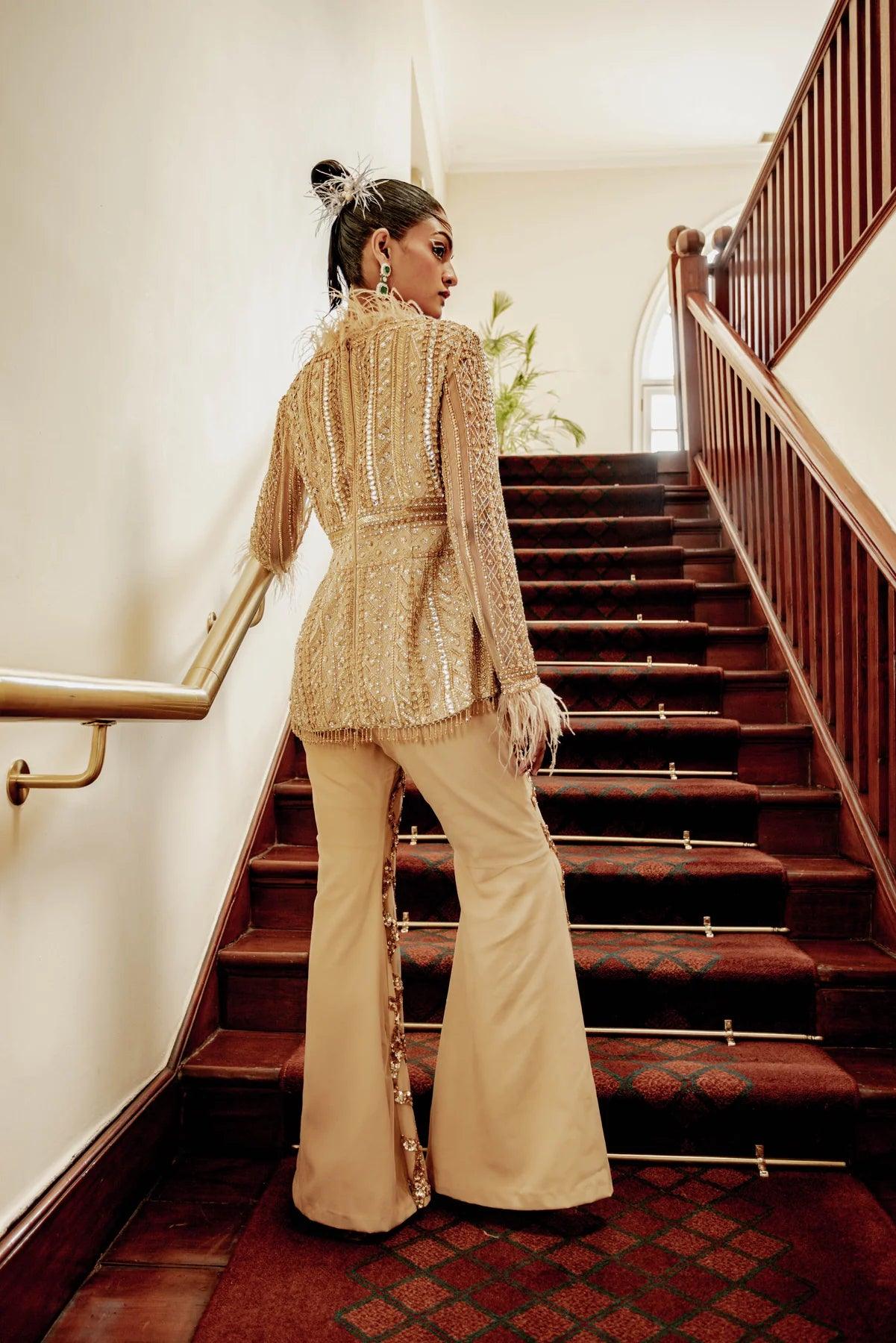 Charlotte Venetion gold embroidered peplum top & flared embroidered pants - The Couture by KJH