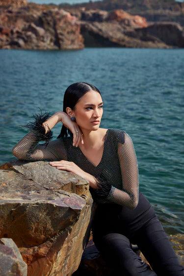RHINESTONE FUR BLACK-JUMPSUIT - The Couture by KJH